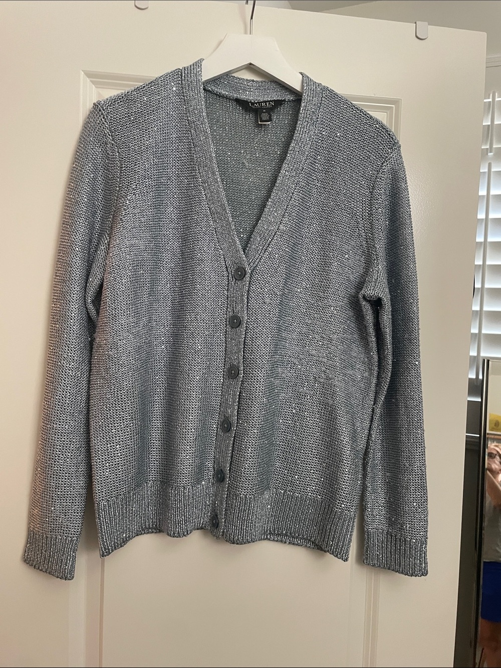 Lauren Ralph Lauren Silver Knit V-Neck Button Cardigan